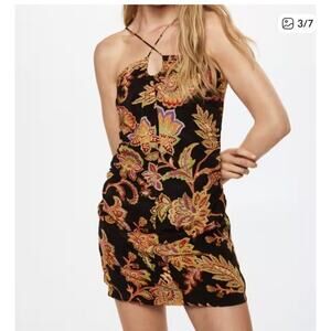 Mango  Floral Dark Mini Dress Ruched Sz Small 4 Orange Green Black